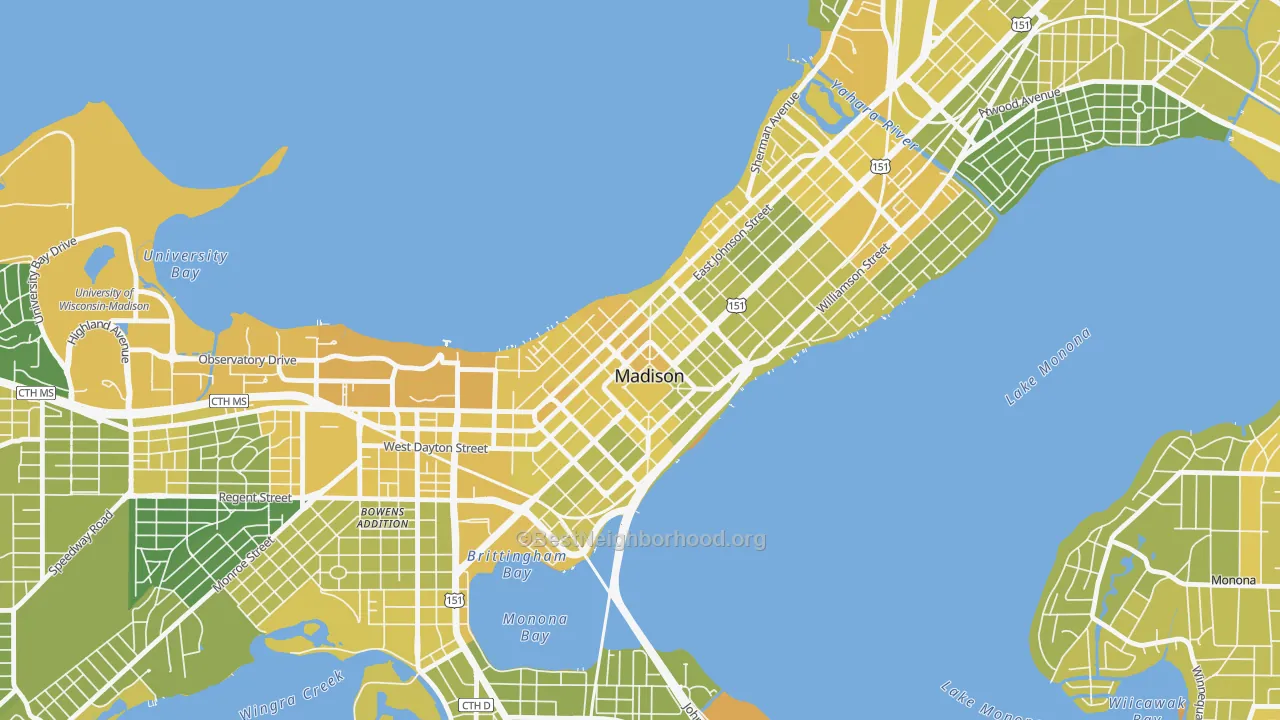 Map of the best neighborhoods in the 53703 area, with better matches in green and worse matches in red