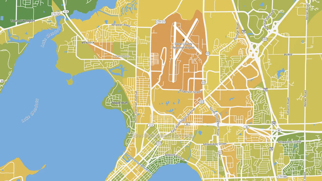 Map of the best neighborhoods in the 53704 area, with better matches in green and worse matches in red