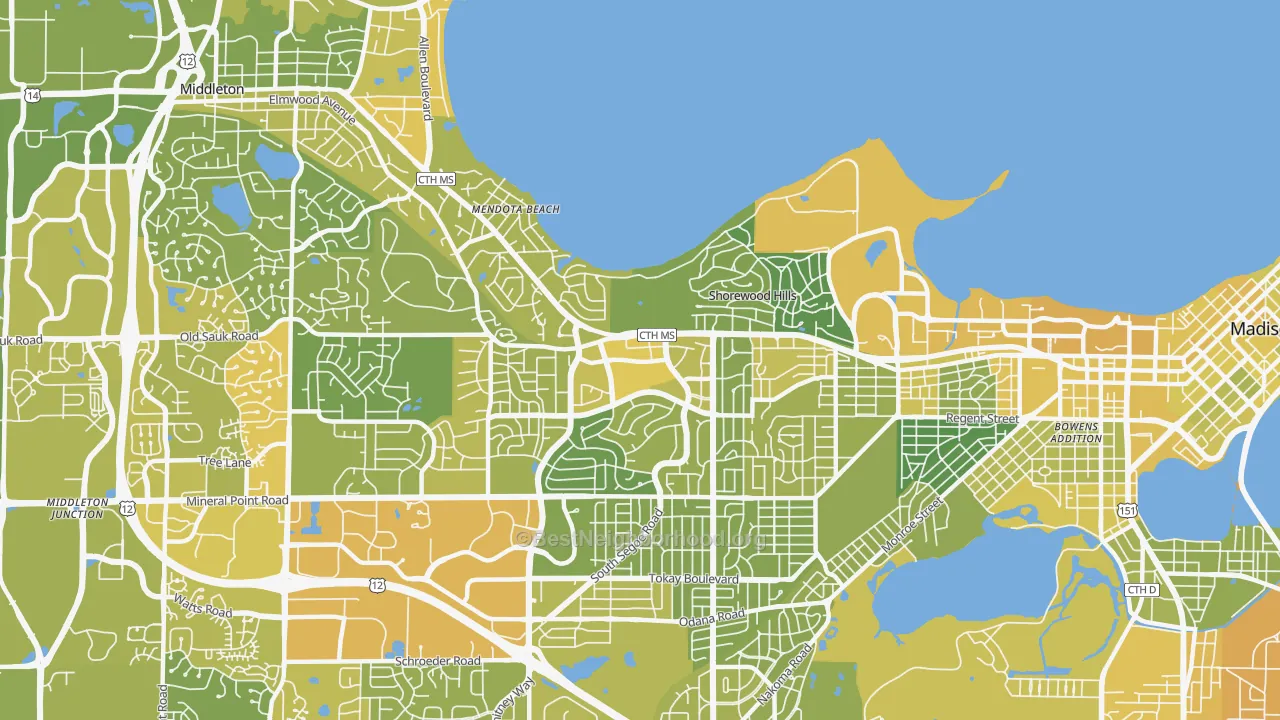Map of the best neighborhoods in the 53705 area, with better matches in green and worse matches in red