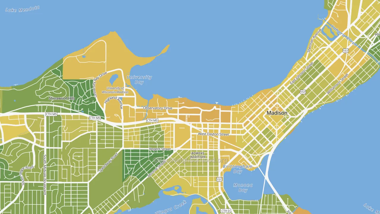 Map of the best neighborhoods in the 53706 area, with better matches in green and worse matches in red