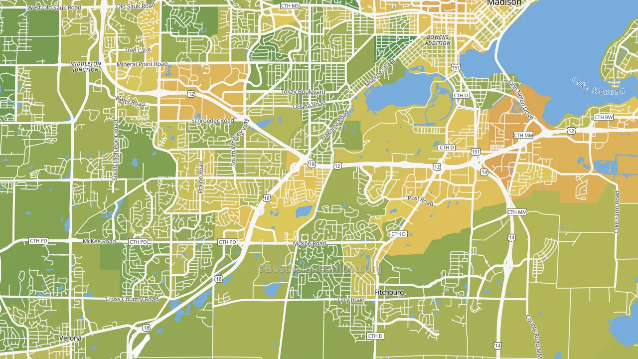 Map of the best neighborhoods in the 53711 area, with better matches in green and worse matches in red