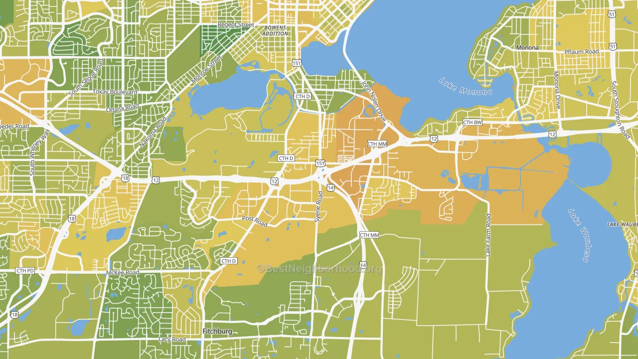 Map of the best neighborhoods in the 53713 area, with better matches in green and worse matches in red
