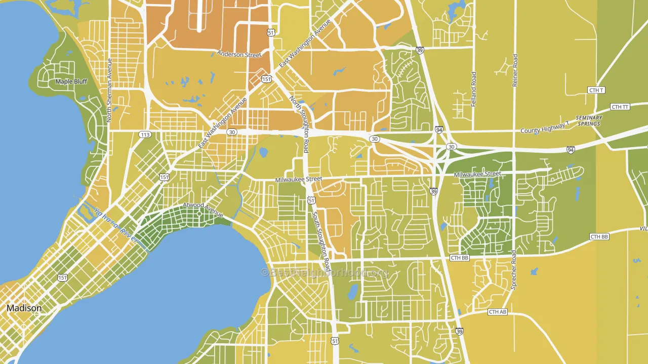 Map of the best neighborhoods in the 53714 area, with better matches in green and worse matches in red