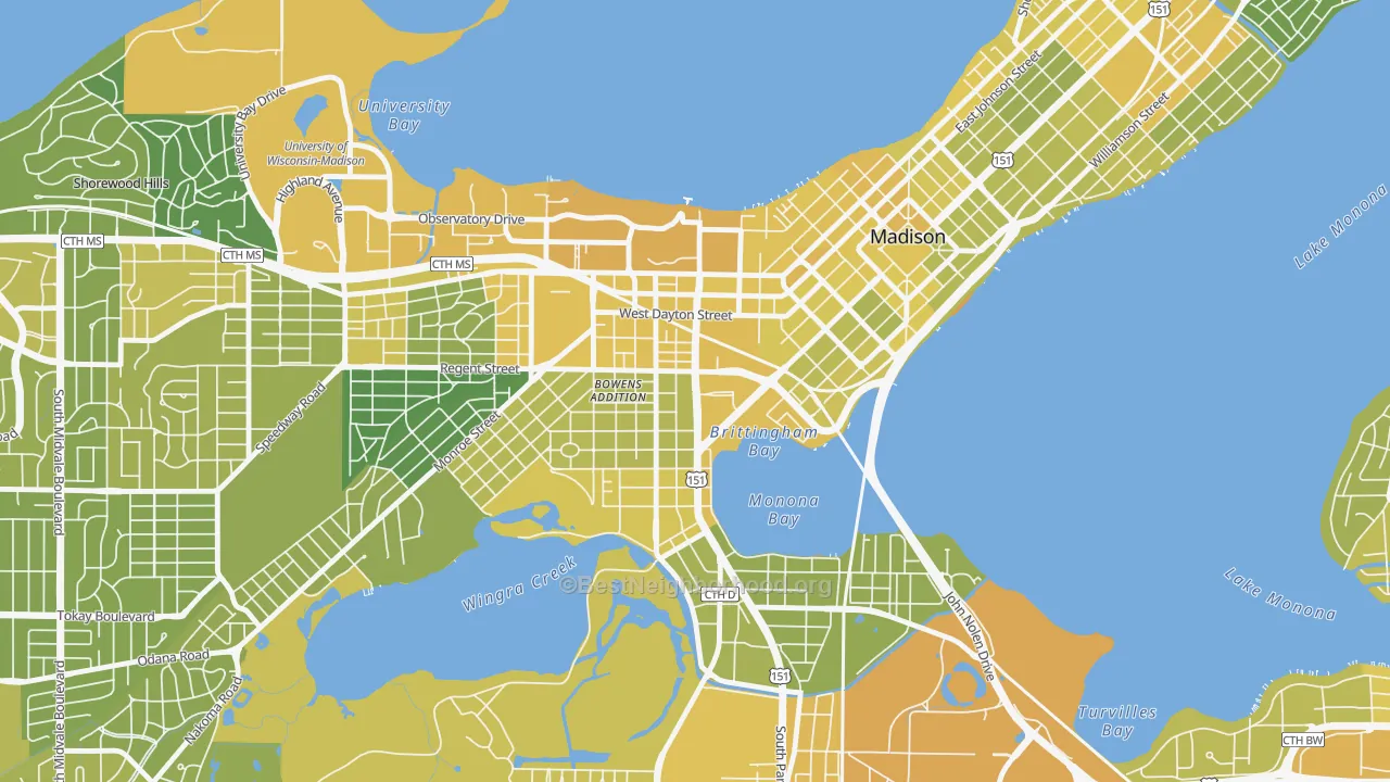 Map of the best neighborhoods in the 53715 area, with better matches in green and worse matches in red