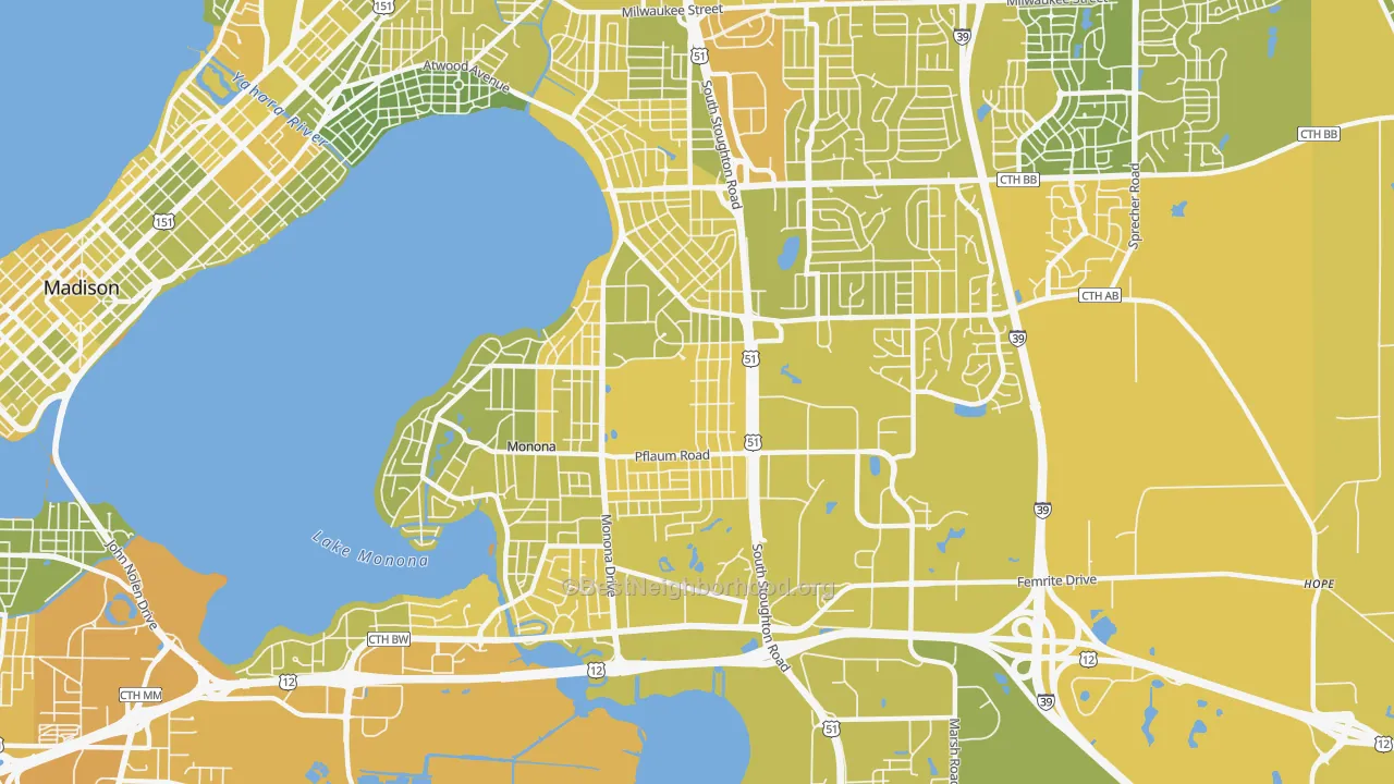 Map of the best neighborhoods in the 53716 area, with better matches in green and worse matches in red