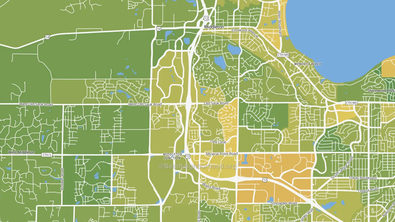 Map of the best neighborhoods in the 53717 area, with better matches in green and worse matches in red