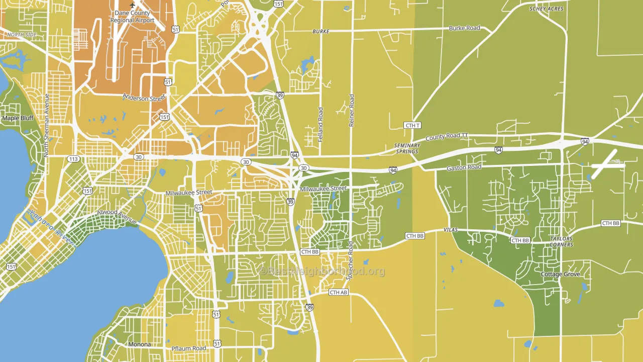 Map of the best neighborhoods in the 53718 area, with better matches in green and worse matches in red