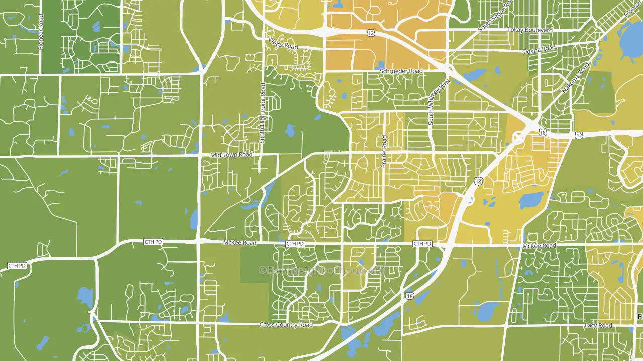 Map of the best neighborhoods in the 53719 area, with better matches in green and worse matches in red