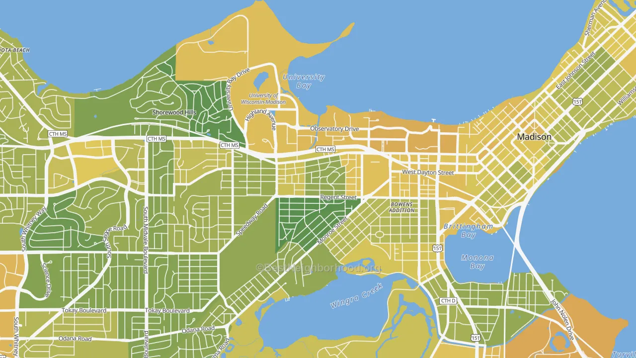 Map of the best neighborhoods in the 53726 area, with better matches in green and worse matches in red