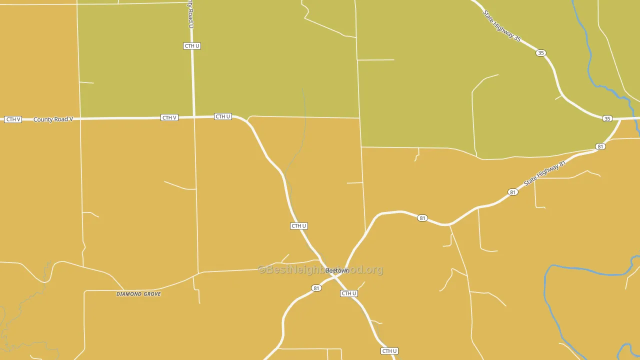 Map of the best neighborhoods in the 53802 area, with better matches in green and worse matches in red