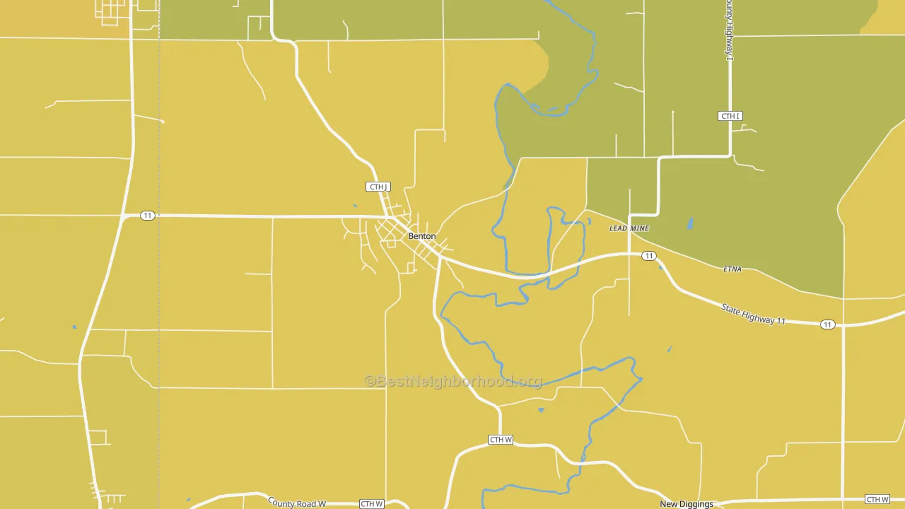 Map of the best neighborhoods in the 53803 area, with better matches in green and worse matches in red