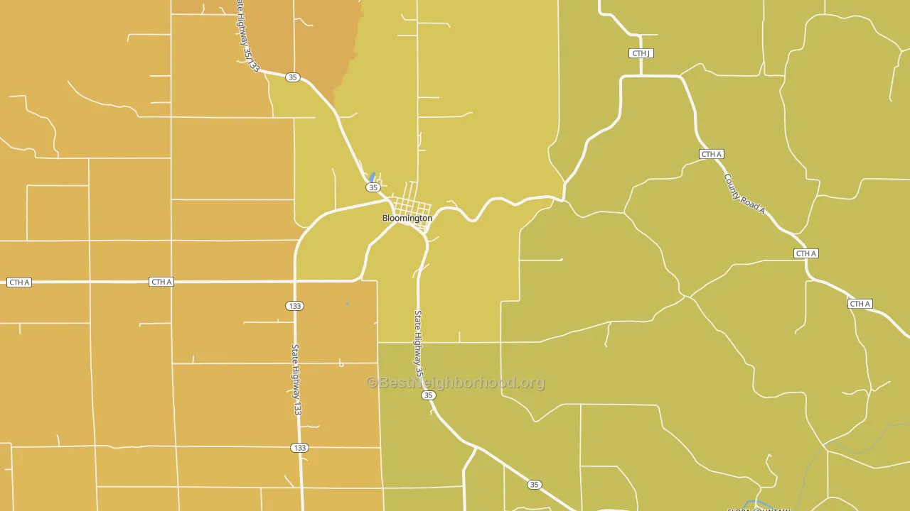 Map of the best neighborhoods in the 53804 area, with better matches in green and worse matches in red