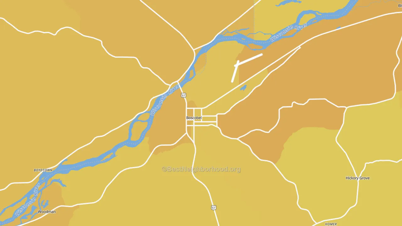 Map of the best neighborhoods in the 53805 area, with better matches in green and worse matches in red