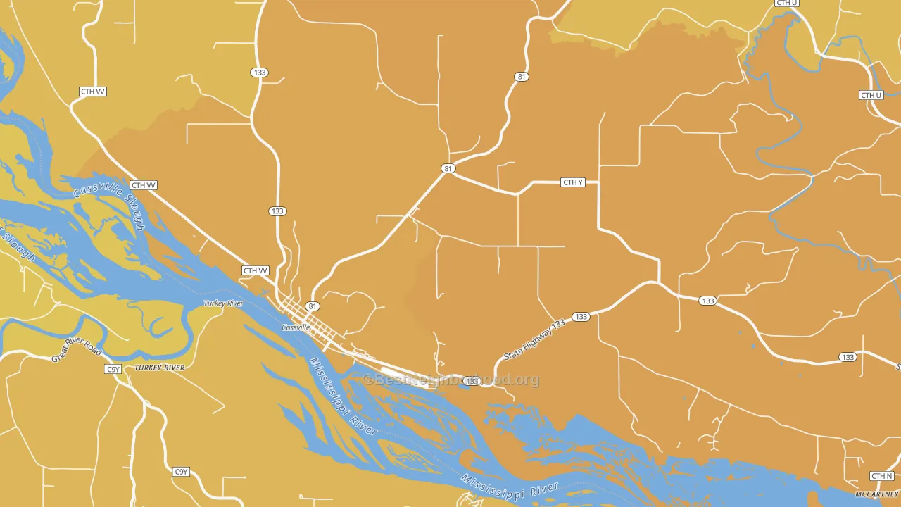 Map of the best neighborhoods in the 53806 area, with better matches in green and worse matches in red