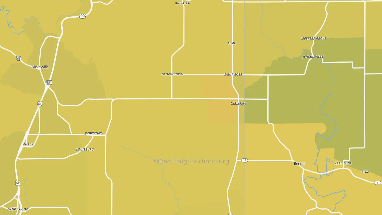 Map of the best neighborhoods in the 53807 area, with better matches in green and worse matches in red