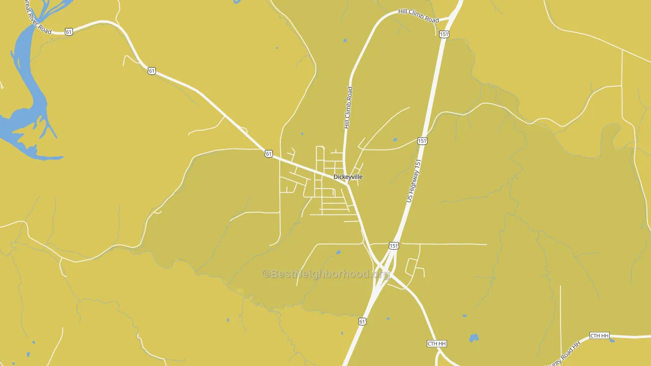 Map of the best neighborhoods in the 53808 area, with better matches in green and worse matches in red