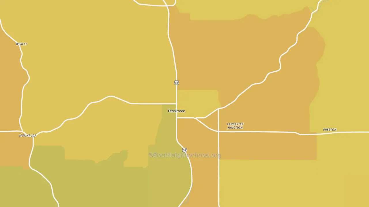 Map of the best neighborhoods in the 53809 area, with better matches in green and worse matches in red