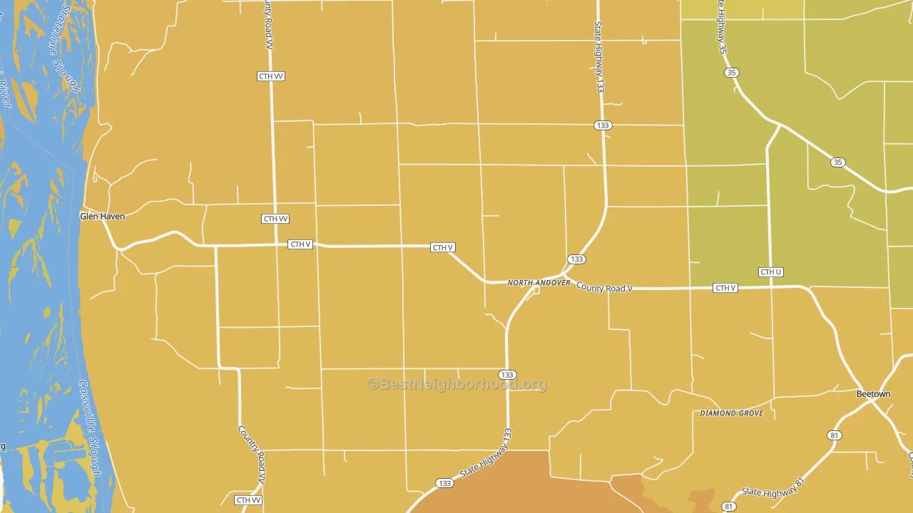 Map of the best neighborhoods in the 53810 area, with better matches in green and worse matches in red