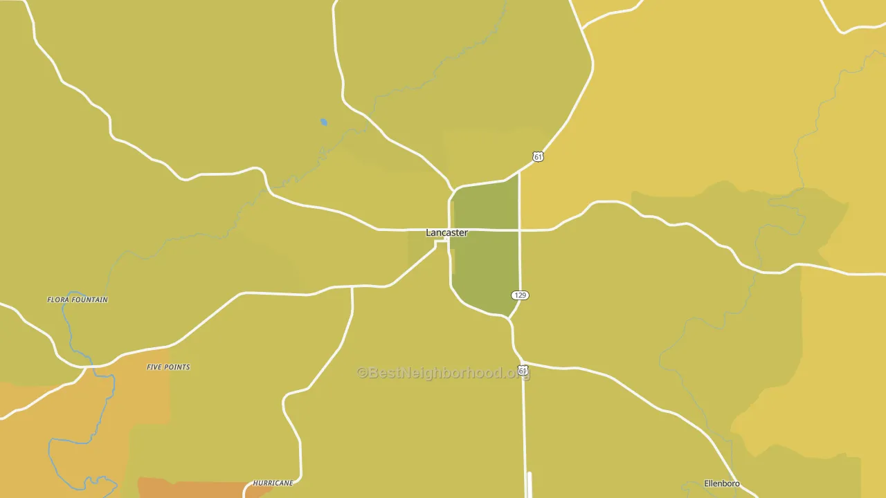 Map of the best neighborhoods in the 53813 area, with better matches in green and worse matches in red