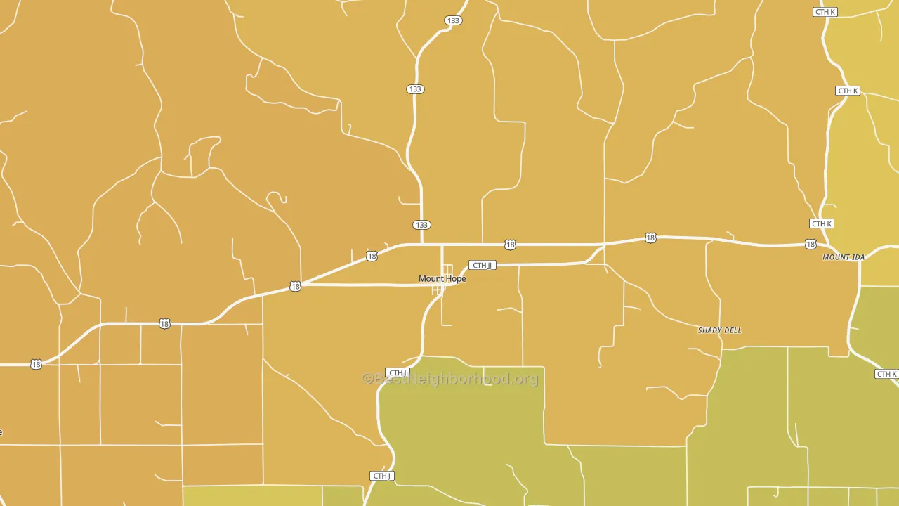 Map of the best neighborhoods in the 53816 area, with better matches in green and worse matches in red