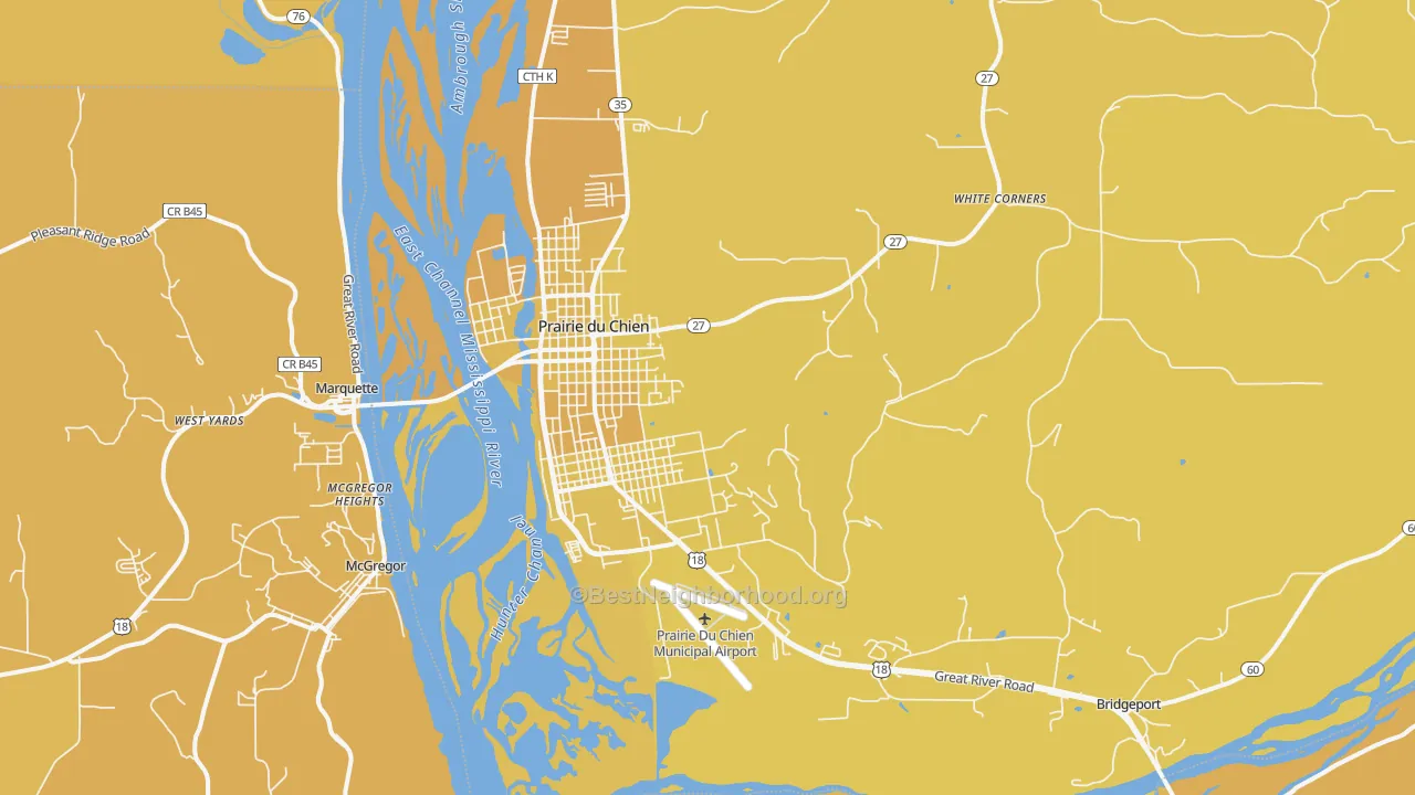 Map of the best neighborhoods in the 53821 area, with better matches in green and worse matches in red
