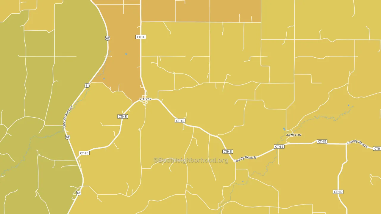 Map of the best neighborhoods in the 53825 area, with better matches in green and worse matches in red