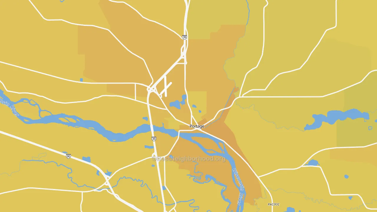 Map of the best neighborhoods in the 53901 area, with better matches in green and worse matches in red