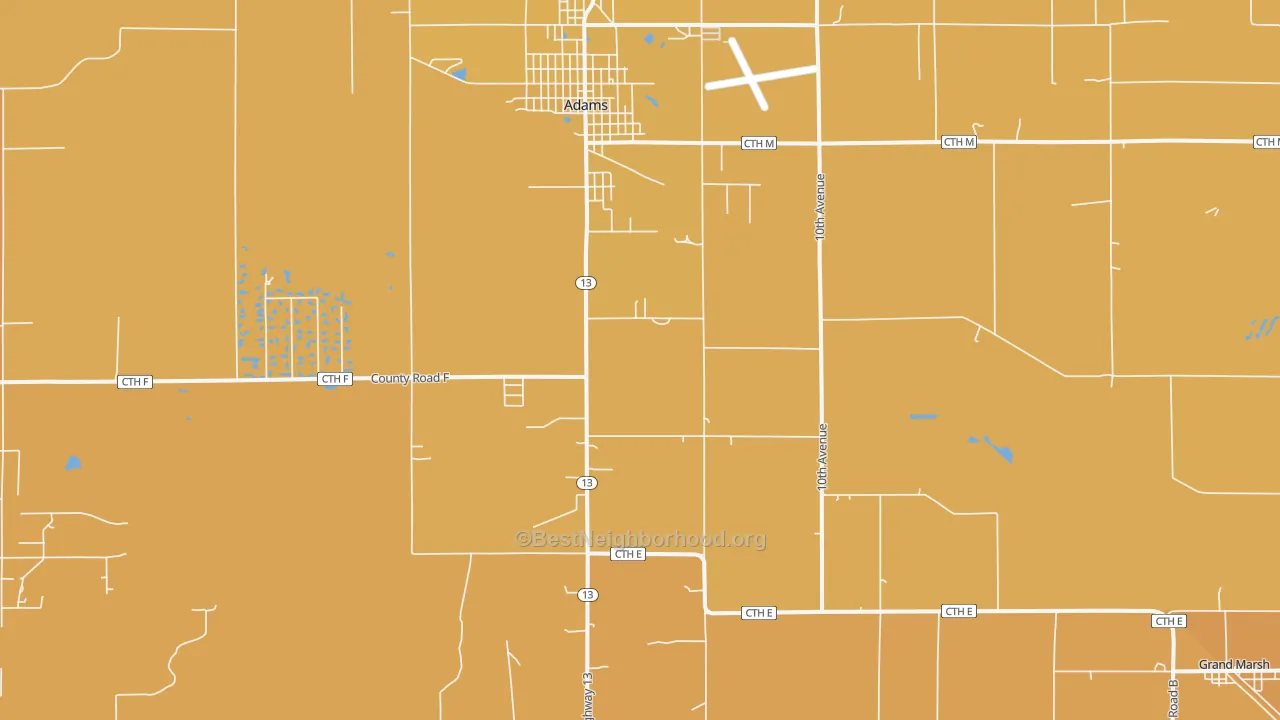 Map of the best neighborhoods in the 53910 area, with better matches in green and worse matches in red