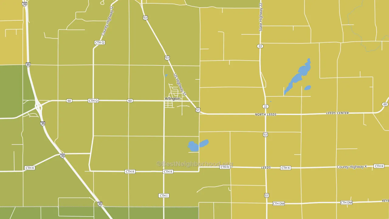 Map of the best neighborhoods in the 53911 area, with better matches in green and worse matches in red