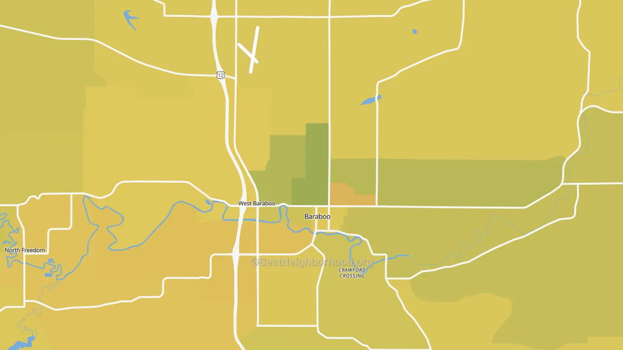 Map of the best neighborhoods in the 53913 area, with better matches in green and worse matches in red