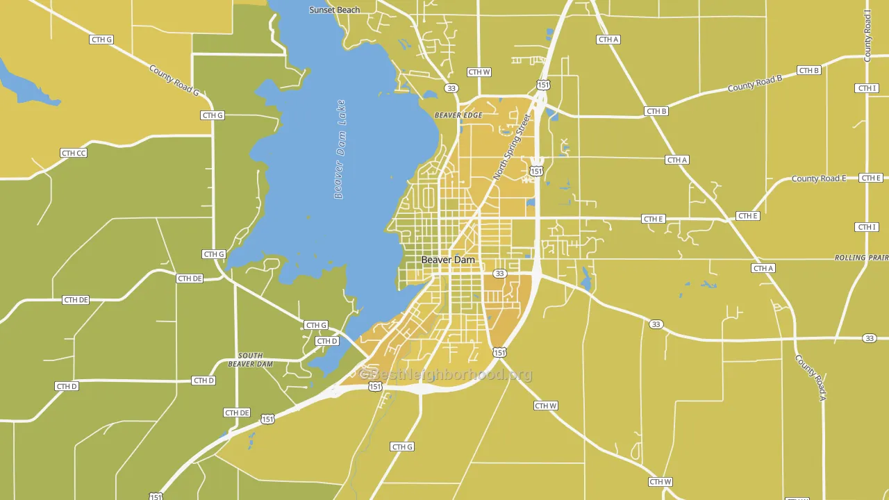 Map of the best neighborhoods in the 53916 area, with better matches in green and worse matches in red