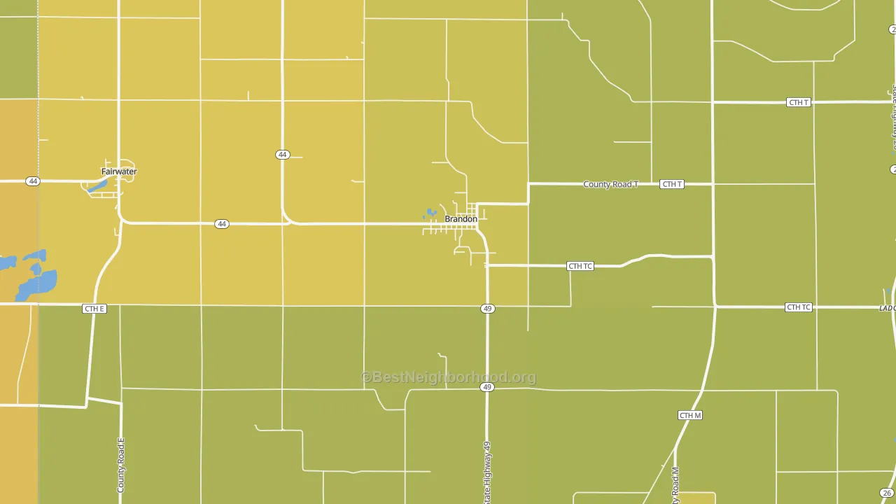 Map of the best neighborhoods in the 53919 area, with better matches in green and worse matches in red