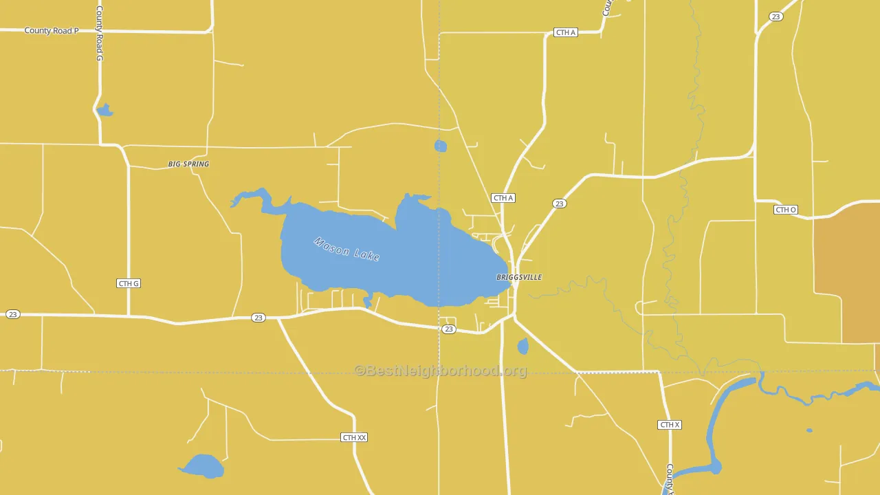 Map of the best neighborhoods in the 53920 area, with better matches in green and worse matches in red