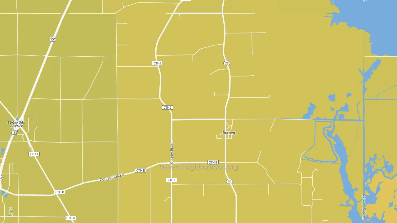 Map of the best neighborhoods in the 53922 area, with better matches in green and worse matches in red