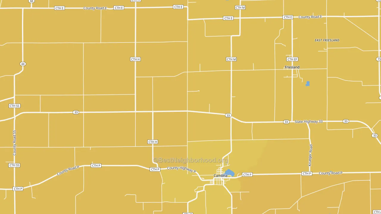 Map of the best neighborhoods in the 53923 area, with better matches in green and worse matches in red