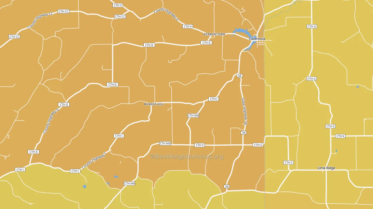 Map of the best neighborhoods in the 53924 area, with better matches in green and worse matches in red