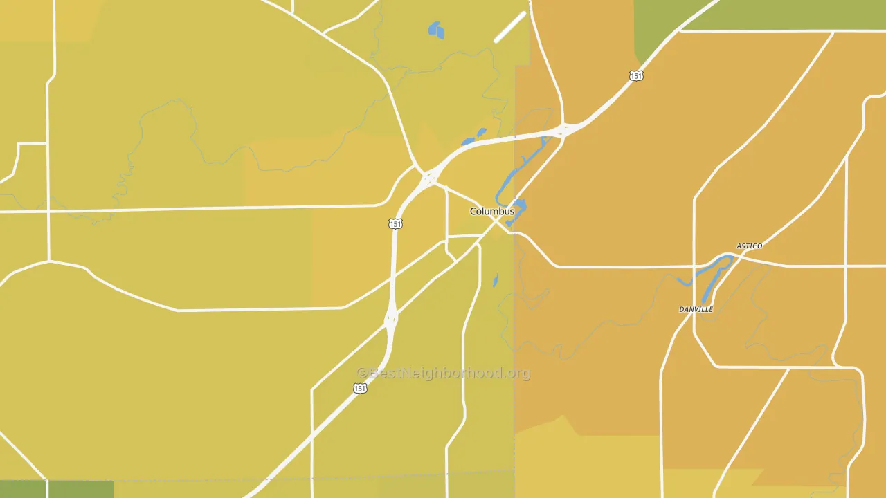 Map of the best neighborhoods in the 53925 area, with better matches in green and worse matches in red