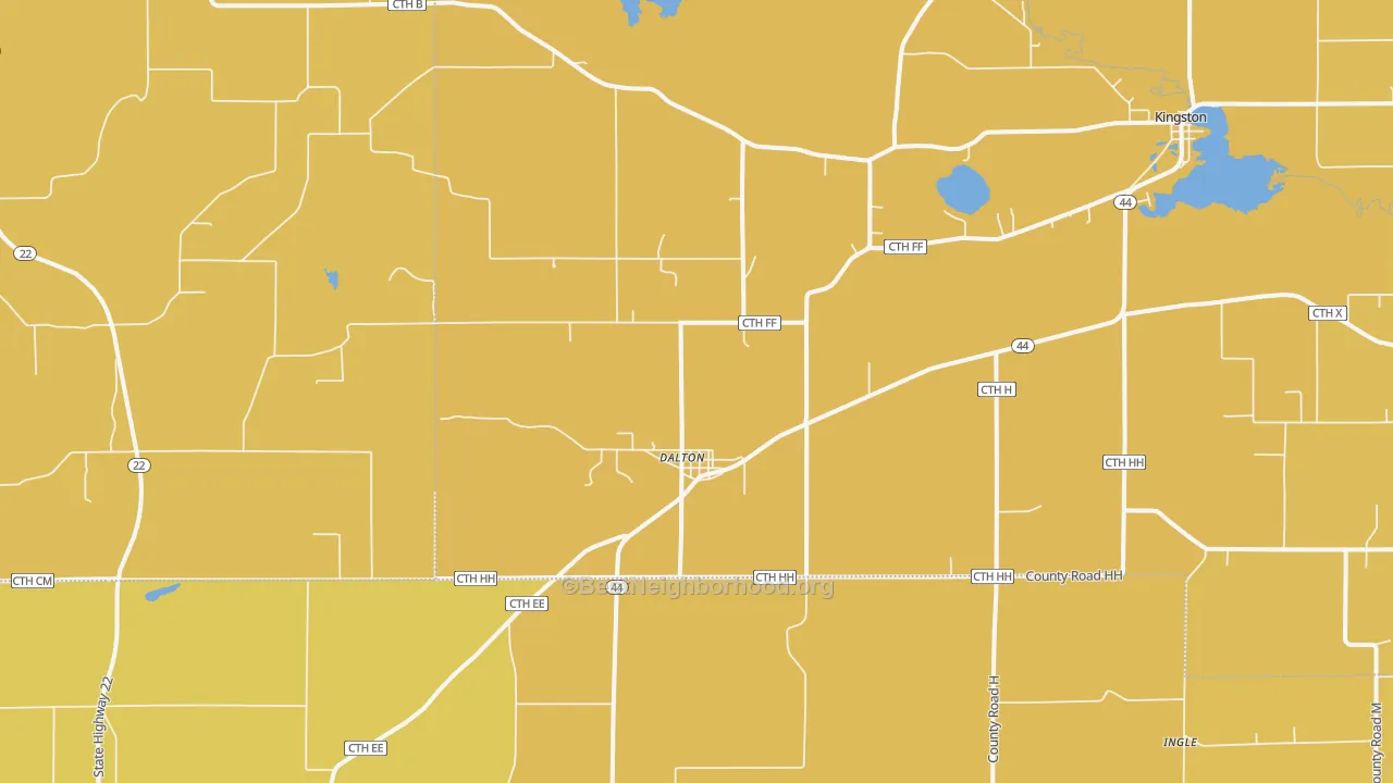 Map of the best neighborhoods in the 53926 area, with better matches in green and worse matches in red