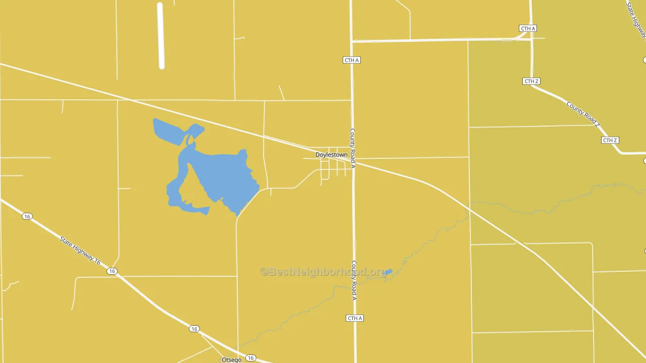 Map of the best neighborhoods in the 53928 area, with better matches in green and worse matches in red