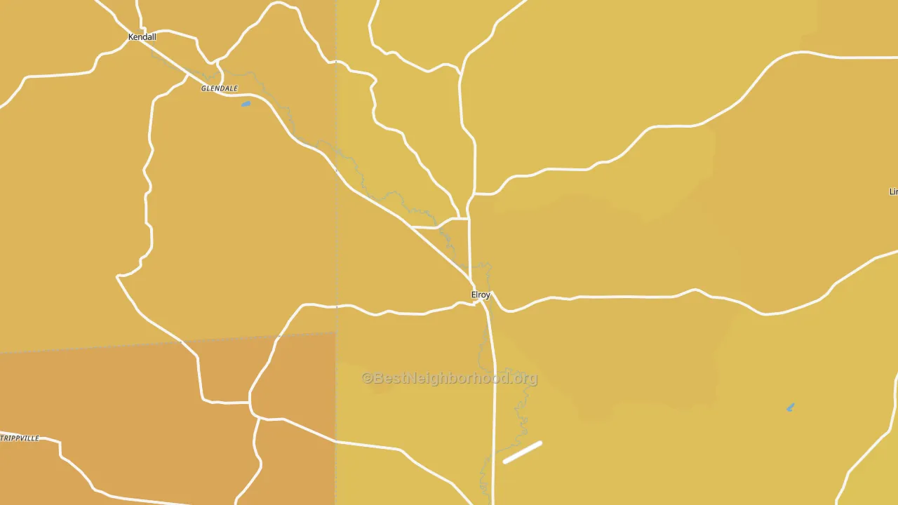 Map of the best neighborhoods in the 53929 area, with better matches in green and worse matches in red