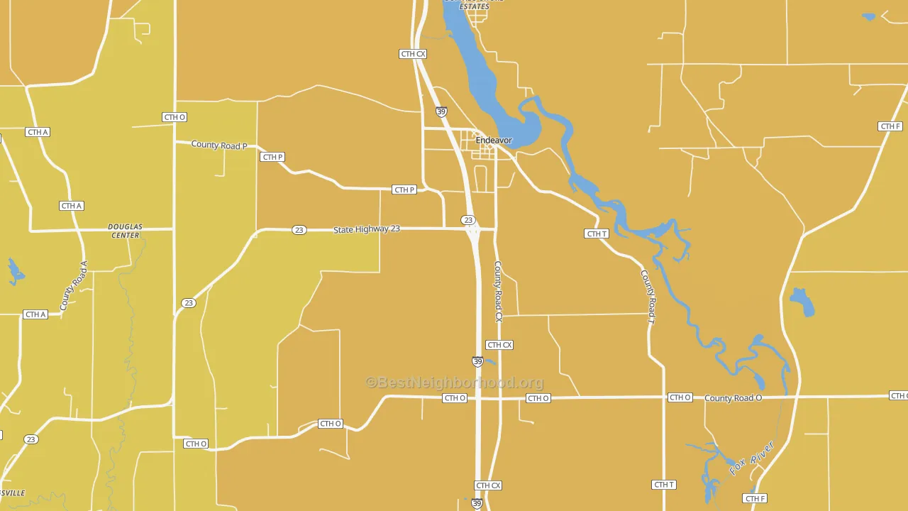 Map of the best neighborhoods in the 53930 area, with better matches in green and worse matches in red