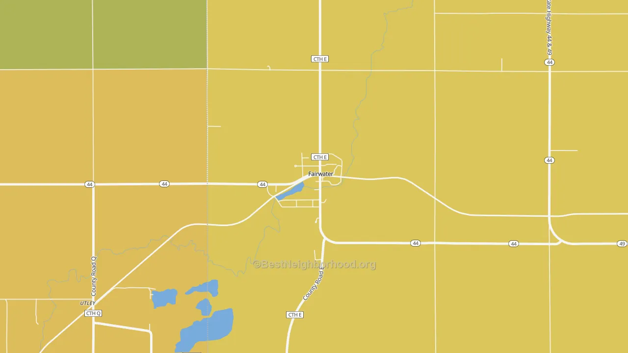 Map of the best neighborhoods in the 53931 area, with better matches in green and worse matches in red