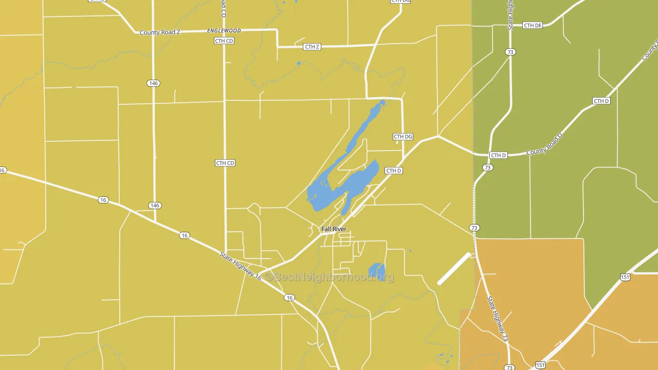 Map of the best neighborhoods in the 53932 area, with better matches in green and worse matches in red