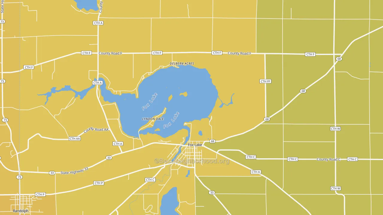 Map of the best neighborhoods in the 53933 area, with better matches in green and worse matches in red