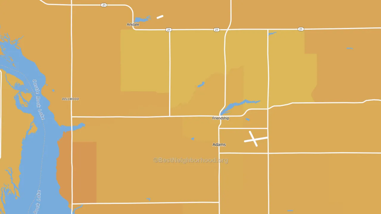 Map of the best neighborhoods in the 53934 area, with better matches in green and worse matches in red