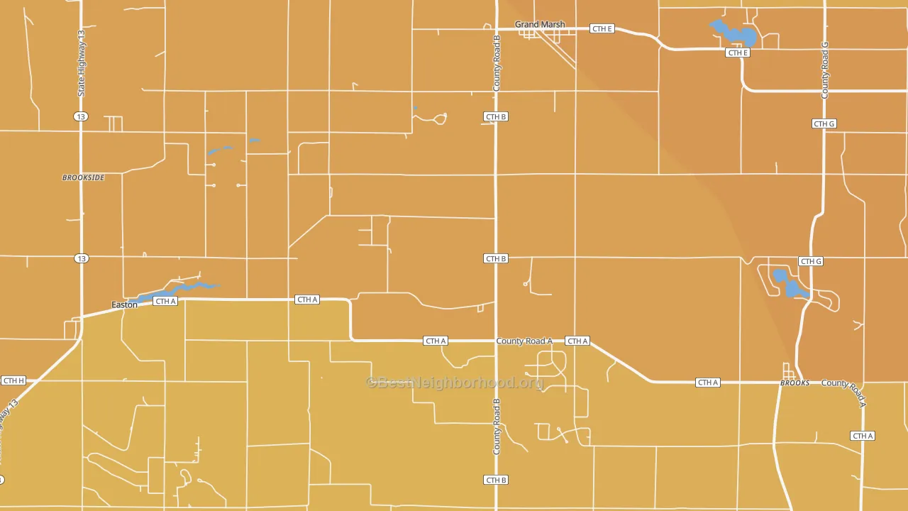 Map of the best neighborhoods in the 53936 area, with better matches in green and worse matches in red
