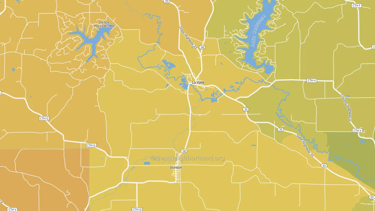 Map of the best neighborhoods in the 53941 area, with better matches in green and worse matches in red