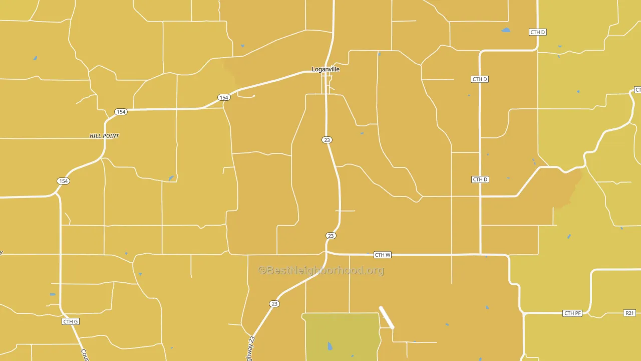 Map of the best neighborhoods in the 53943 area, with better matches in green and worse matches in red