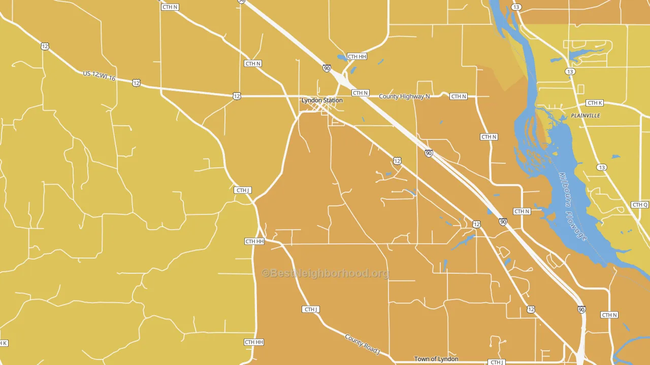 Map of the best neighborhoods in the 53944 area, with better matches in green and worse matches in red