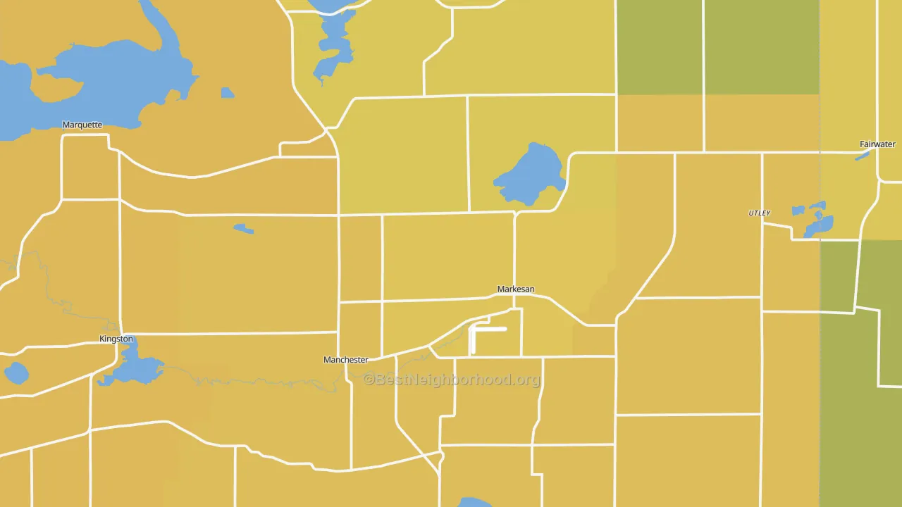 Map of the best neighborhoods in the 53946 area, with better matches in green and worse matches in red